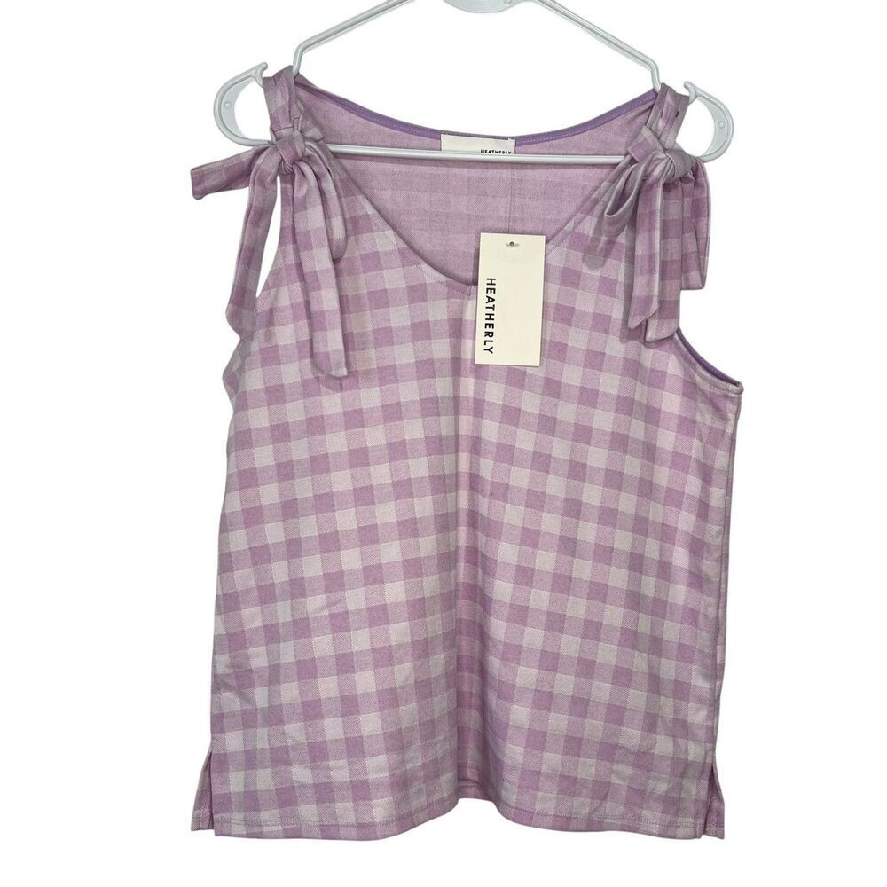 NWT Heatherly Gingham Tank Top size MP Lilac White Tie Shoulder Soft Stretch
